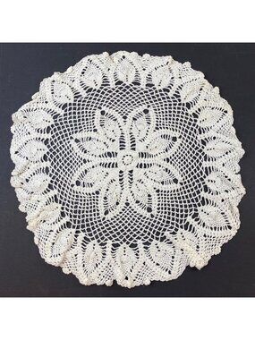 Vintage Hand-Crocheted Round Ivory Lace Doily With Floral Motif